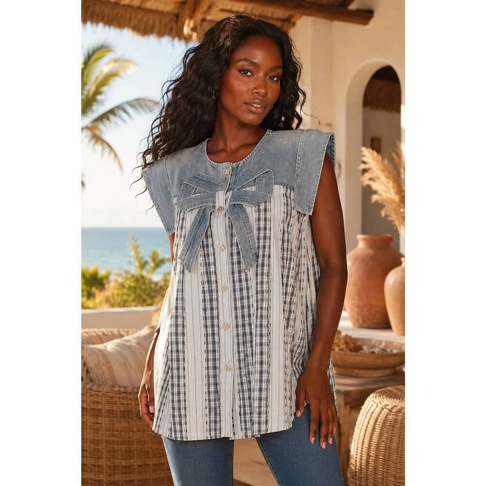 NEW SURELYMINE denim bow plaid tunic top in blue